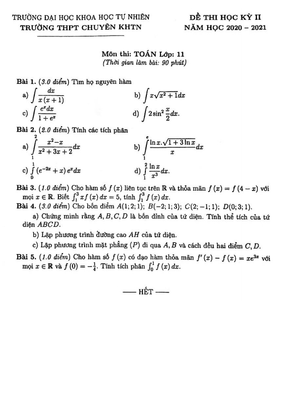 Đề thi học kỳ 2 Toán 11 năm 2020 – 2021 trường THPT chuyên KHTN – Hà Nội
