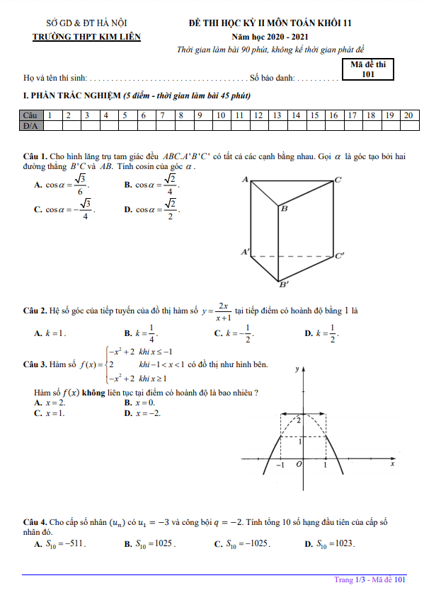Đề thi học kỳ 2 Toán 11 năm 2020 – 2021 trường THPT Kim Liên – Hà Nội