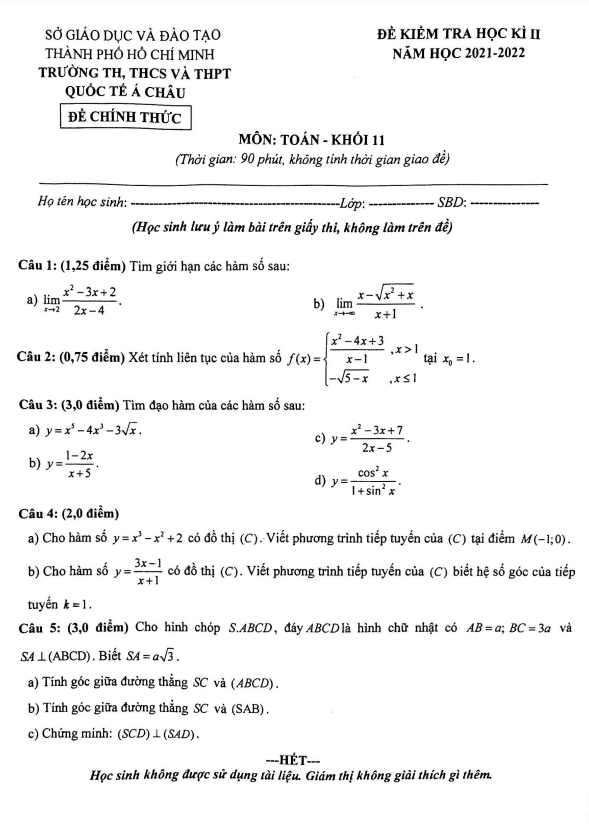 Đề thi học kỳ 2 Toán 11 năm 2021 – 2022 trường Quốc tế Á Châu – TP HCM