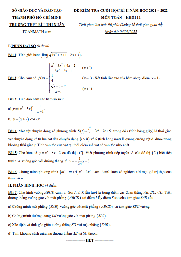 Đề thi học kỳ 2 Toán 11 năm 2021 – 2022 trường THPT Bùi Thị Xuân – TP HCM