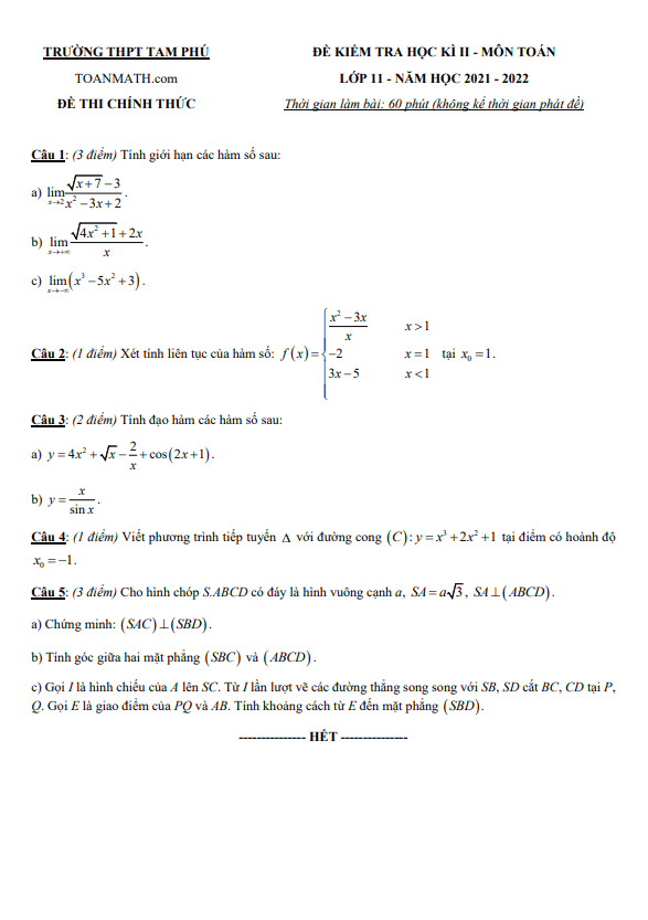 Đề thi học kỳ 2 Toán 11 năm 2021 – 2022 trường THPT Tam Phú – TP HCM