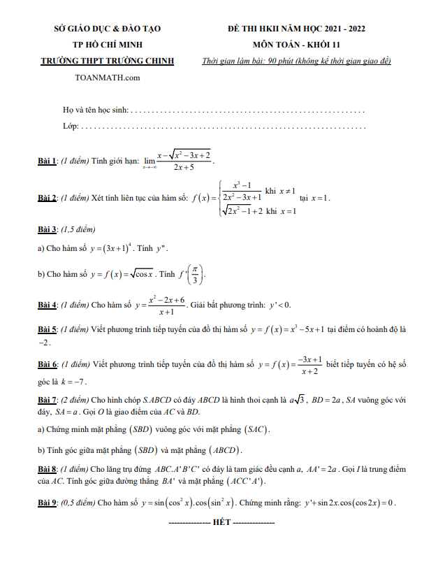 Đề thi học kỳ 2 Toán 11 năm 2021 – 2022 trường THPT Trường Chinh – TP HCM