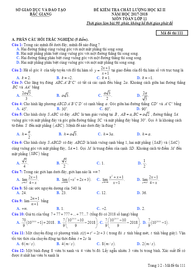 Đề thi học kỳ 2 Toán 11 năm học 2017 – 2018 sở GD và ĐT Bắc Giang