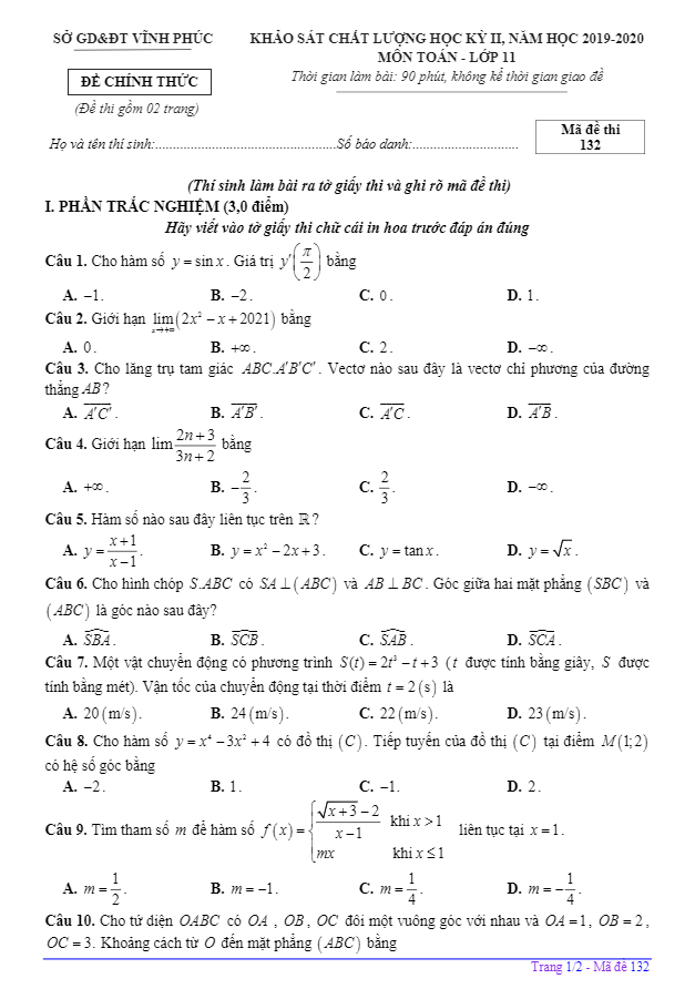 Đề thi học kỳ 2 Toán 11 năm học 2019 – 2020 sở GD&ĐT Vĩnh Phúc