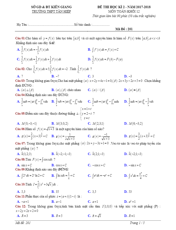 Đề thi học kỳ 2 Toán 12 năm 2017 – 2018 trường Tân Hiệp – Kiên Giang