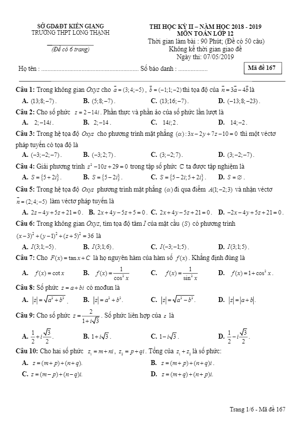 Đề thi học kỳ 2 Toán 12 năm 2018 – 2019 trường Long Thạnh – Kiên Giang