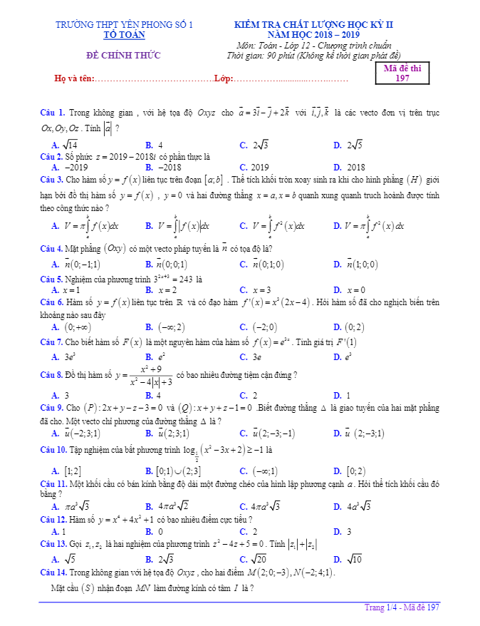 Đề thi học kỳ 2 Toán 12 năm 2018 – 2019 trường Yên Phong 1 – Bắc Ninh