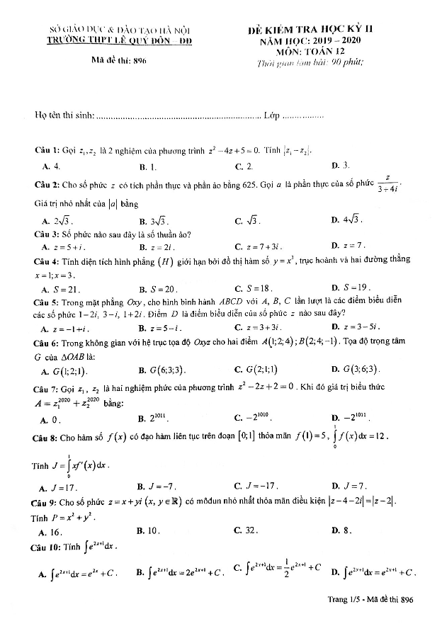 Đề thi học kỳ 2 Toán 12 năm 2019 – 2020 trường THPT Lê Quý Đôn – Hà Nội