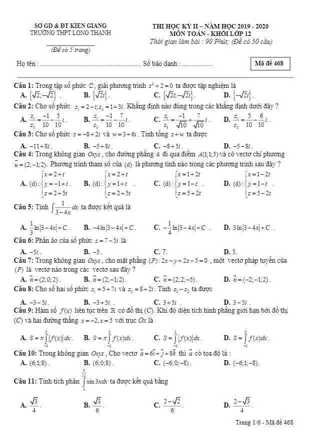 Đề thi học kỳ 2 Toán 12 năm 2019 – 2020 trường THPT Long Thạnh – Kiên Giang
