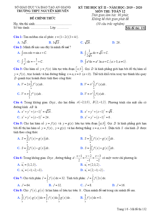 Đề thi học kỳ 2 Toán 12 năm 2019 – 2020 trường THPT Nguyễn Khuyến – An Giang
