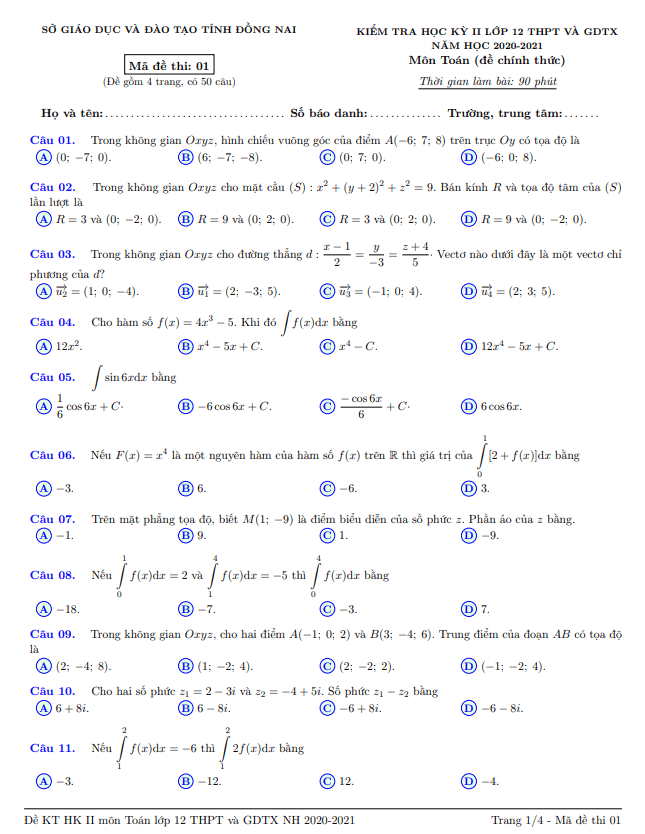 Đề thi học kỳ 2 Toán 12 năm 2020 – 2021 sở GD&ĐT tỉnh Đồng Nai