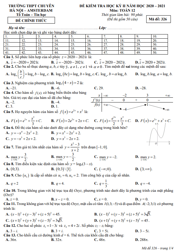 Đề thi học kỳ 2 Toán 12 năm 2020 – 2021 trường chuyên Hà Nội – Amsterdam