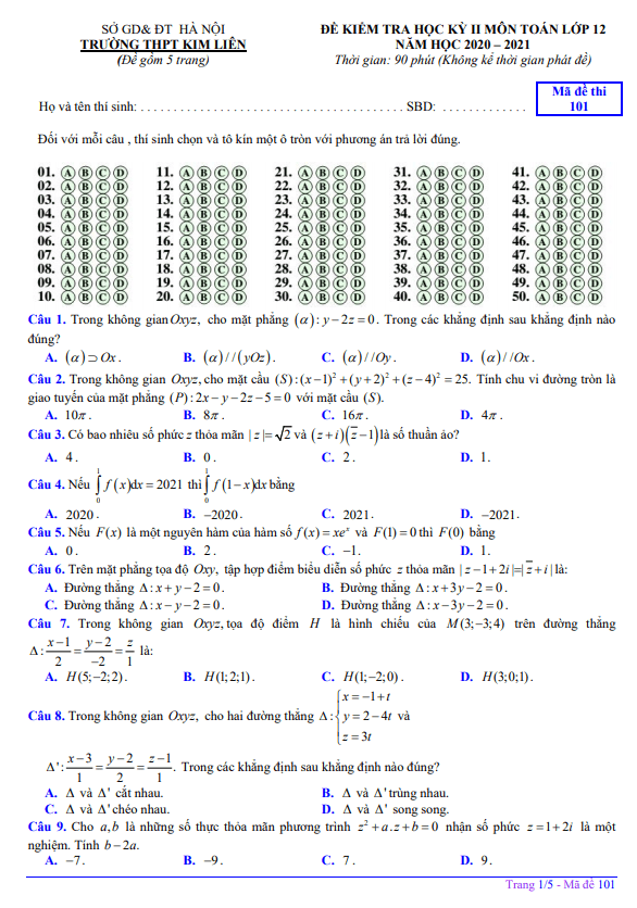 Đề thi học kỳ 2 Toán 12 năm 2020 – 2021 trường THPT Kim Liên – Hà Nội