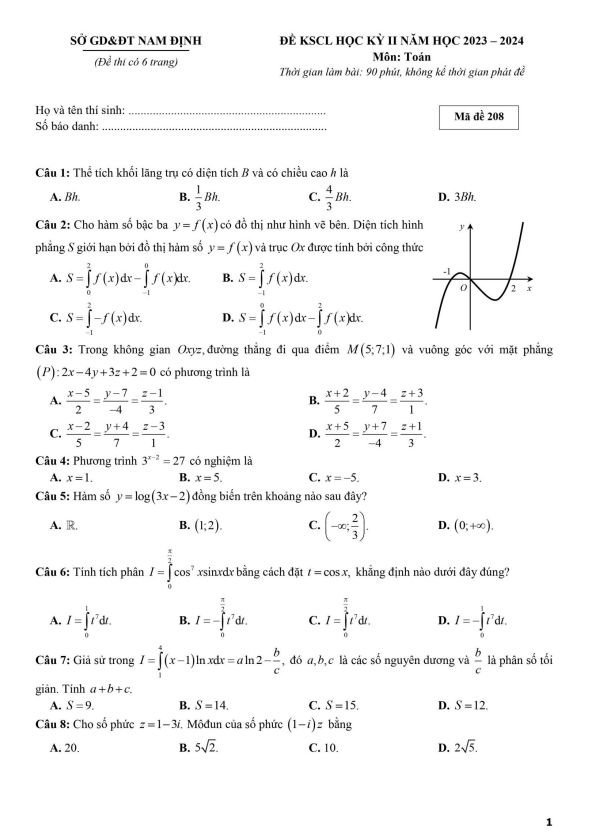 Đề thi học kỳ 2 Toán 12 năm 2023 – 2024 sở GD&ĐT Nam Định
