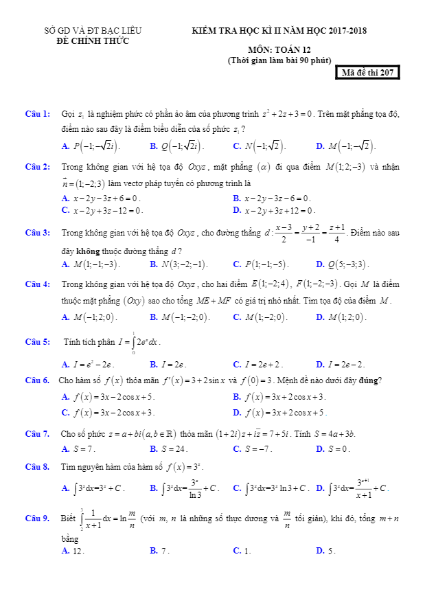 Đề thi học kỳ 2 Toán 12 năm học 2017 – 2018 sở GD và ĐT Bạc Liêu