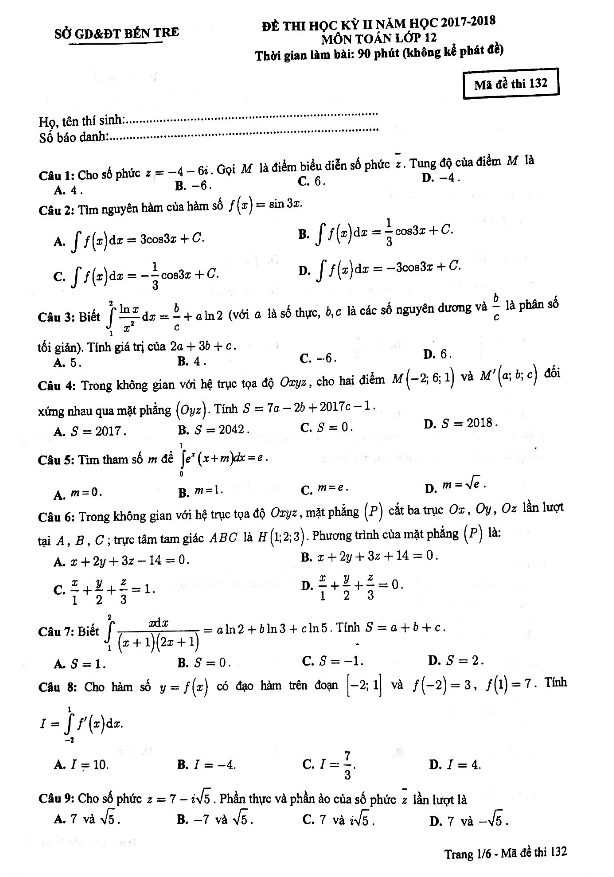 Đề thi học kỳ 2 Toán 12 năm học 2017 – 2018 sở GD và ĐT Bến Tre