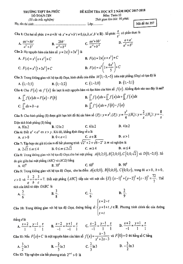 Đề thi học kỳ 2 Toán 12 năm học 2017 – 2018 trường THPT Đa Phúc – Hà Nội