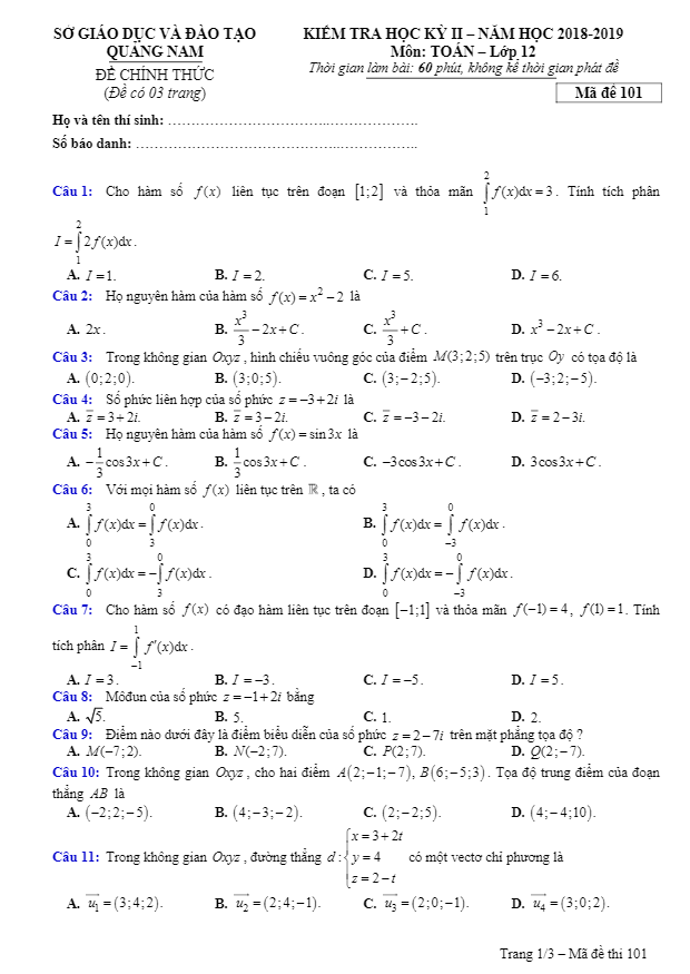 Đề thi học kỳ 2 Toán 12 năm học 2018 – 2019 sở GD và ĐT Quảng Nam
