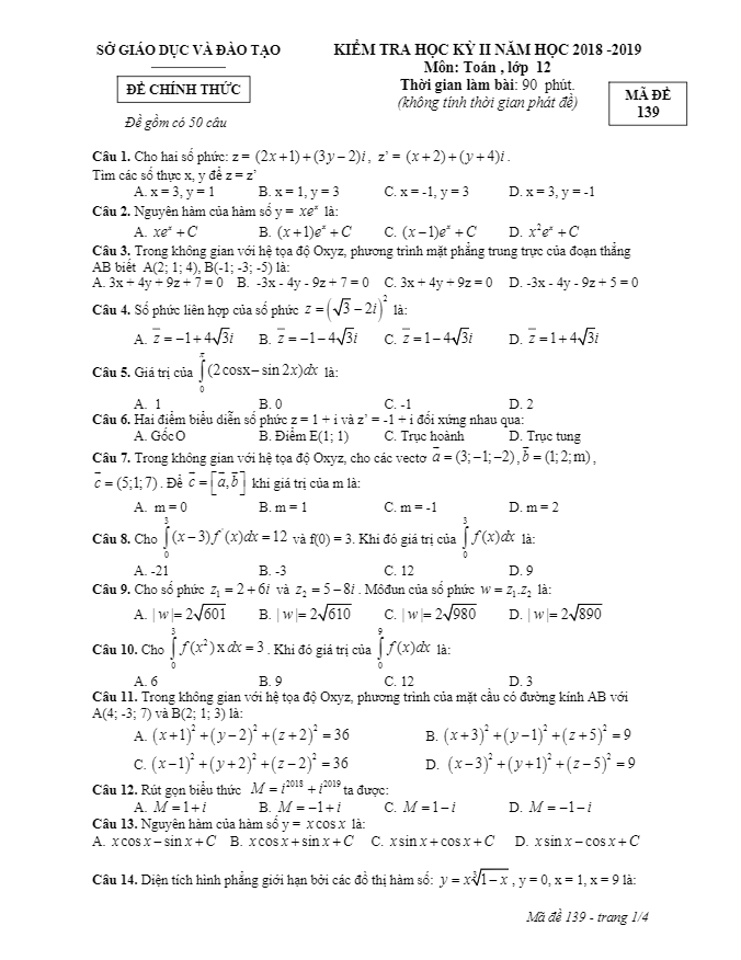Đề thi học kỳ 2 Toán 12 năm học 2018 – 2019 sở GD&ĐT Bình Dương