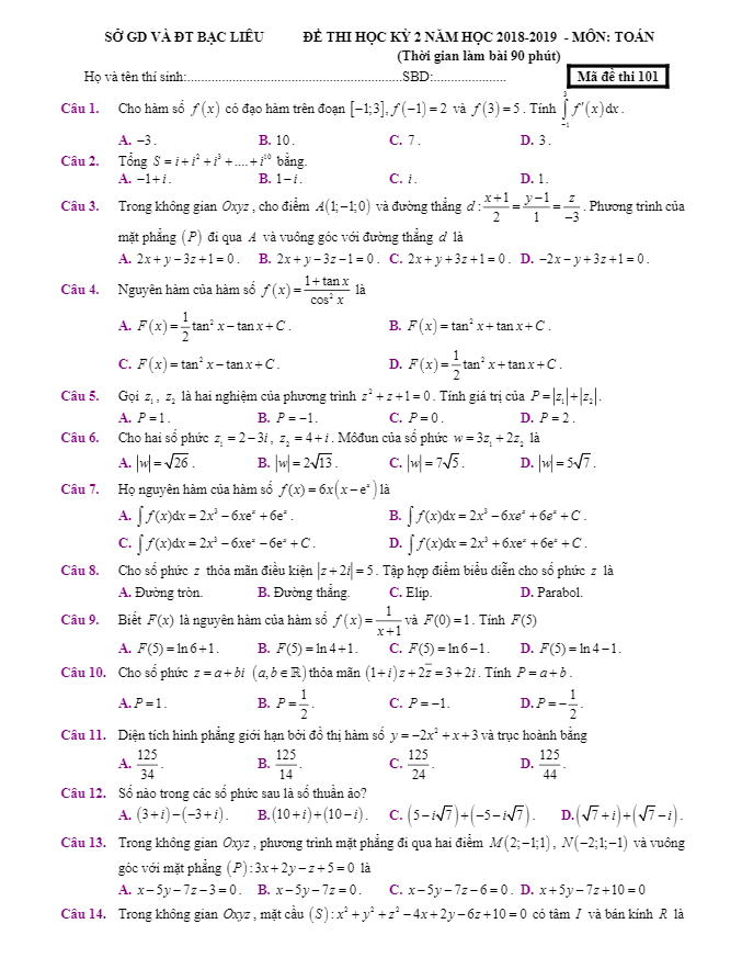 Đề thi học kỳ 2 Toán 12 năm học 2018 – 2019 sở GDKHCN Bạc Liêu