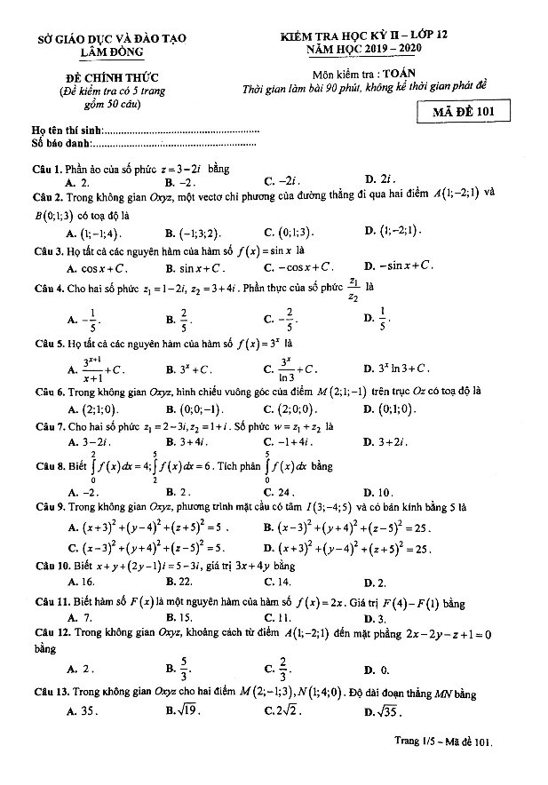 Đề thi học kỳ 2 Toán 12 năm học 2019 – 2020 sở GD&ĐT Lâm Đồng