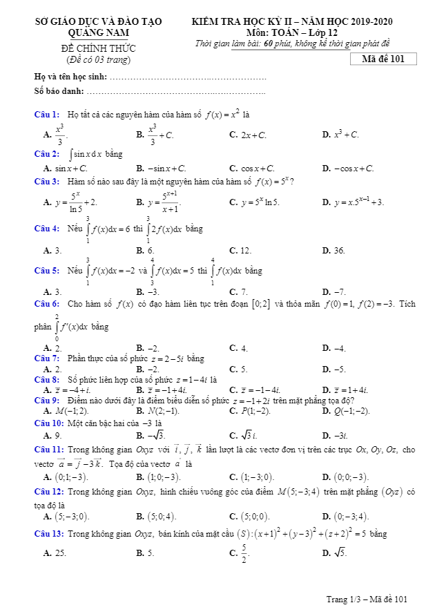 Đề thi học kỳ 2 Toán 12 năm học 2019 – 2020 sở GD&ĐT Quảng Nam