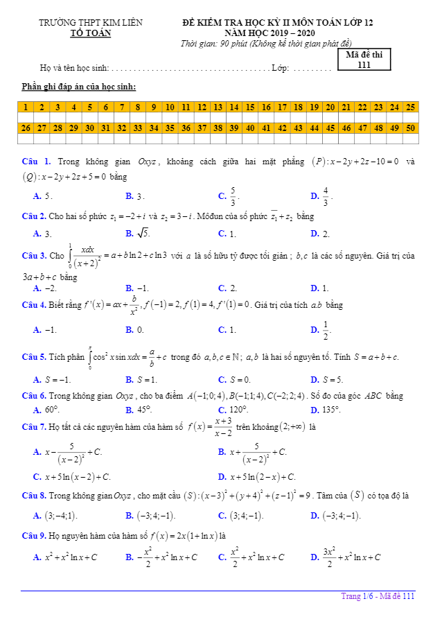 Đề thi học kỳ 2 Toán 12 năm học 2019 – 2020 trường THPT Kim Liên – Hà Nội