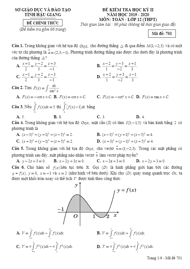 Đề thi học kỳ 2 Toán 12 THPT năm học 2019 – 2020 sở GD&ĐT Hậu Giang