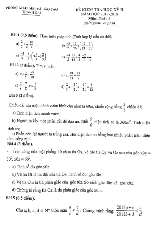 Đề thi học kỳ 2 Toán 6 năm 2017 – 2018 phòng GD và ĐT Thanh Oai – Hà Nội