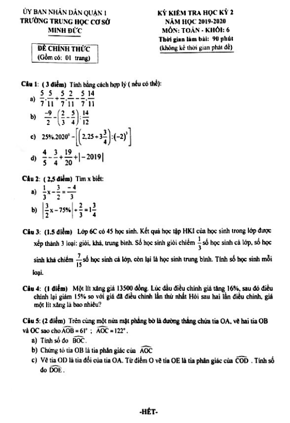Đề thi học kỳ 2 Toán 6 năm 2019 – 2020 trường THCS Minh Đức – TP HCM