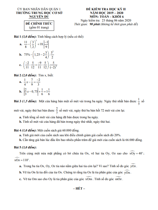 Đề thi học kỳ 2 Toán 6 năm 2019 – 2020 trường THCS Nguyễn Du – TP HCM