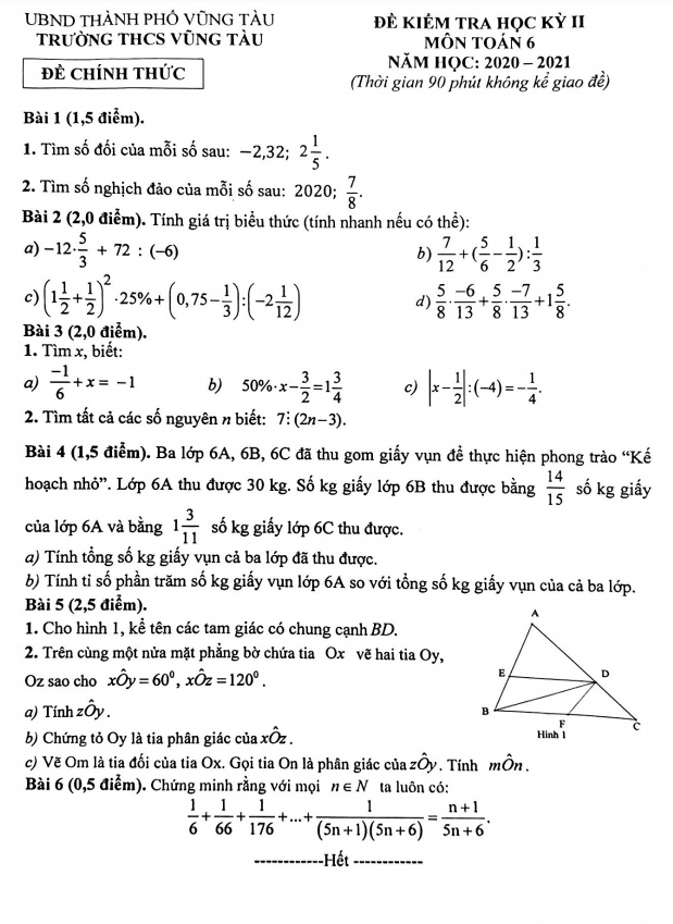 Đề thi học kỳ 2 Toán 6 năm 2020 – 2021 trường THCS Vũng Tàu – BR VT
