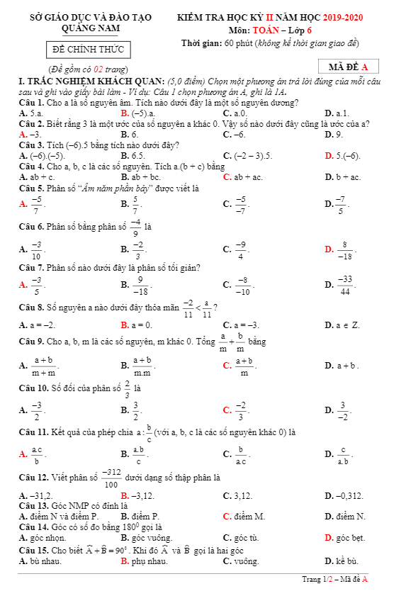 Đề thi học kỳ 2 Toán 6 năm học 2019 – 2020 sở GD&ĐT Quảng Nam