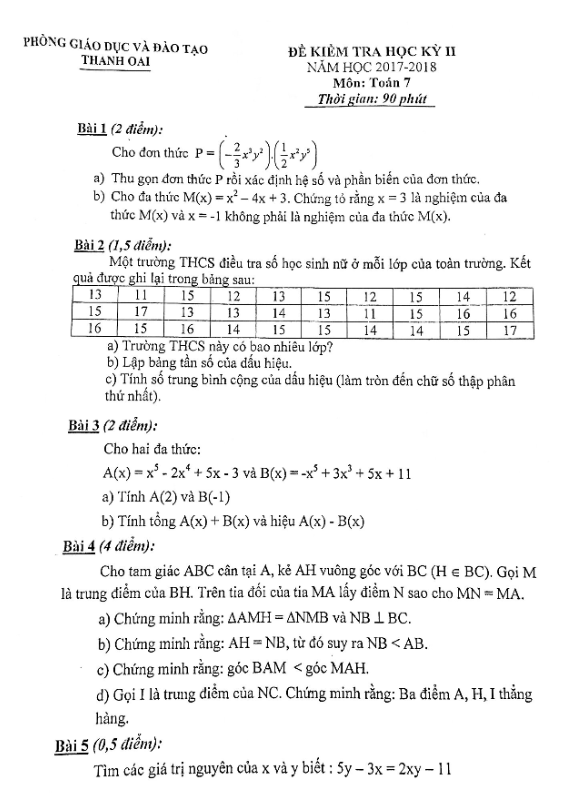 Đề thi học kỳ 2 Toán 7 năm 2017 – 2018 phòng GD và ĐT Thanh Oai – Hà Nội
