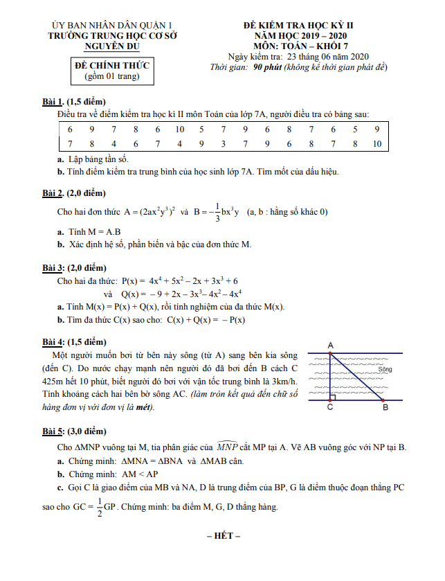 Đề thi học kỳ 2 Toán 7 năm 2019 – 2020 trường THCS Nguyễn Du – TP HCM