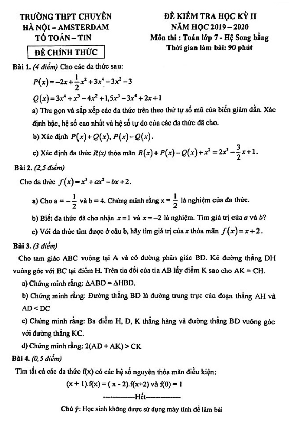 Đề thi học kỳ 2 Toán 7 năm 2019 – 2020 trường THPT chuyên Hà Nội – Amsterdam