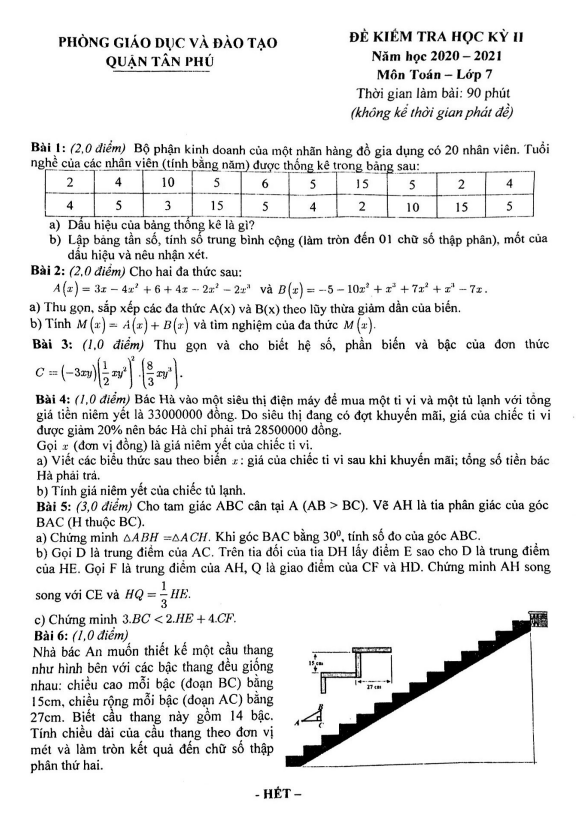 Đề thi học kỳ 2 Toán 7 năm 2020 – 2021 phòng GD&ĐT Tân Phú – TP HCM
