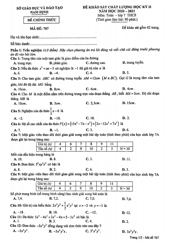 Đề thi học kỳ 2 Toán 7 năm 2020 – 2021 sở GD&ĐT Nam Định