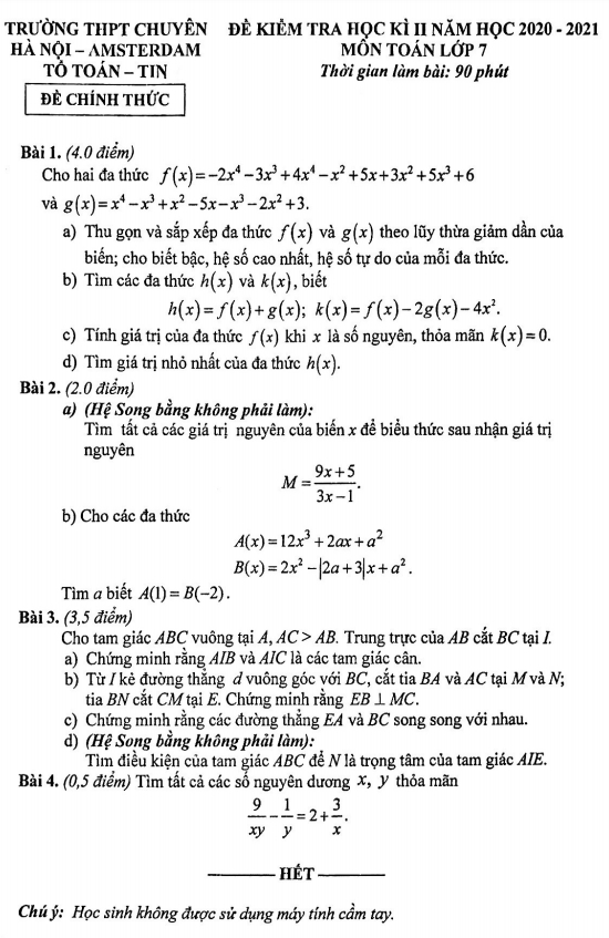 Đề thi học kỳ 2 Toán 7 năm 2020 – 2021 trường chuyên Hà Nội – Amsterdam
