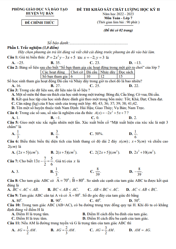 Đề thi học kỳ 2 Toán 7 năm 2022 – 2023 phòng GD&ĐT Vụ Bản – Nam Định