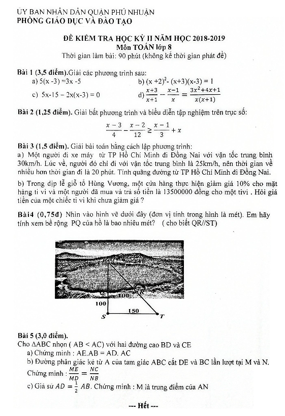 Đề thi học kỳ 2 Toán 8 năm 2018 – 2019 phòng GD&ĐT Phú Nhuận – TP HCM
