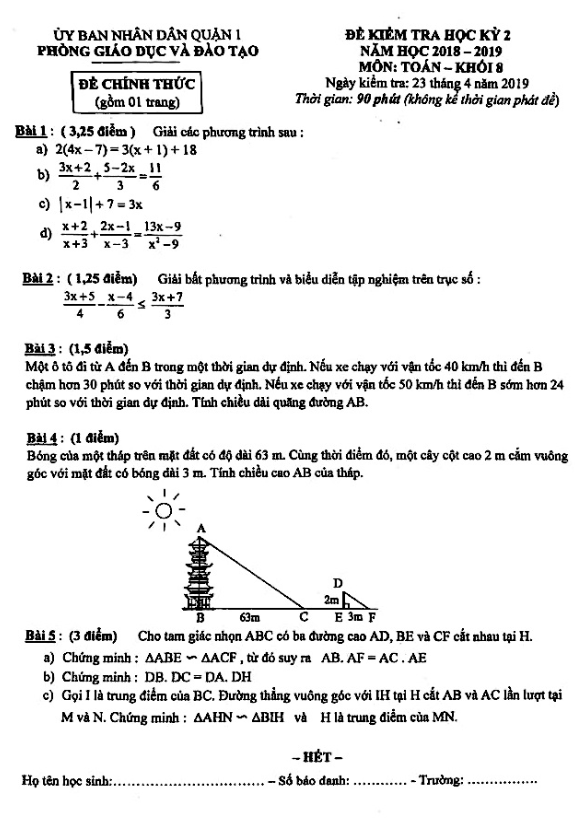 Đề thi học kỳ 2 Toán 8 năm 2018 – 2019 phòng GD&ĐT Quận 1 – TP HCM