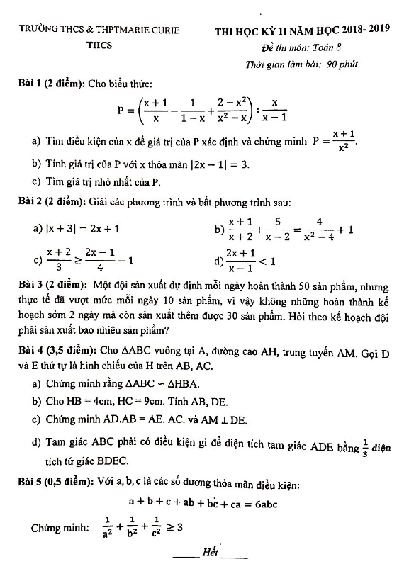 Đề thi học kỳ 2 Toán 8 năm 2018 – 2019 trường Marie Curie – Hà Nội