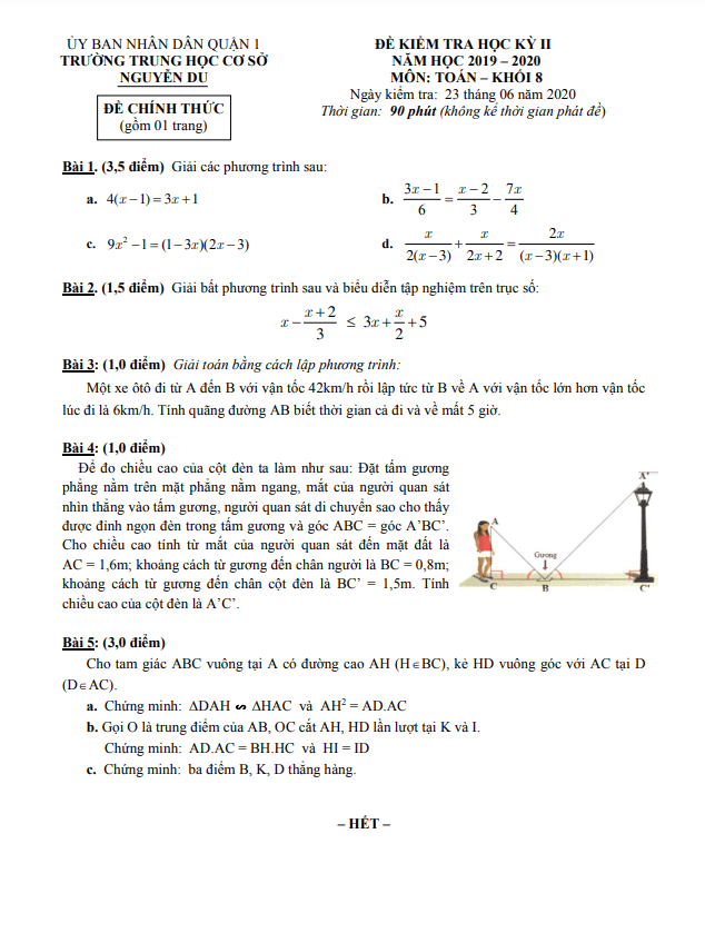 Đề thi học kỳ 2 Toán 8 năm 2019 – 2020 trường THCS Nguyễn Du – TP HCM