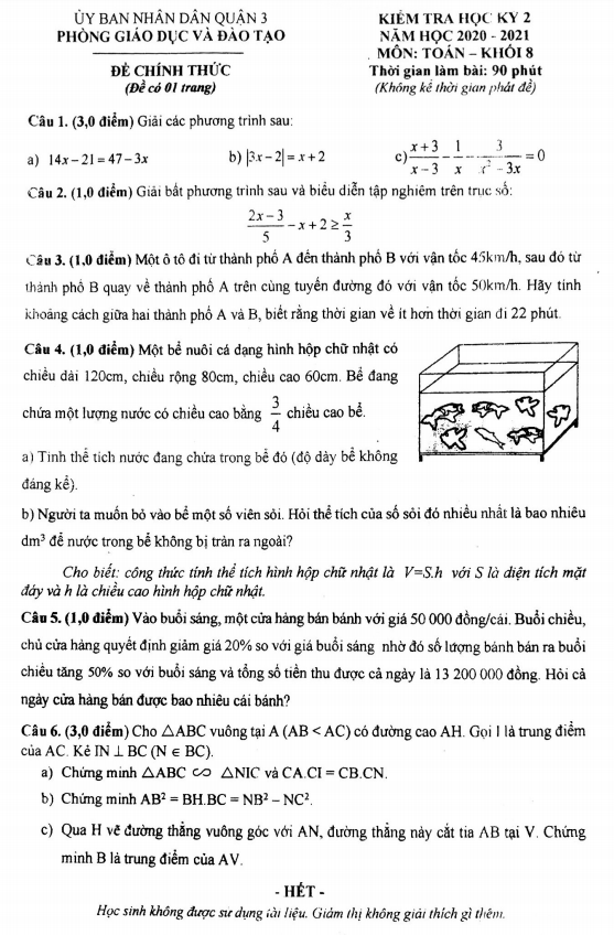 Đề thi học kỳ 2 Toán 8 năm 2020 – 2021 phòng GD&ĐT quận 3 – TP HCM