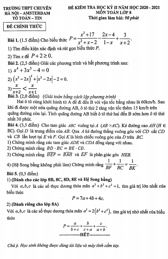 Đề thi học kỳ 2 Toán 8 năm 2020 – 2021 trường chuyên Hà Nội – Amsterdam