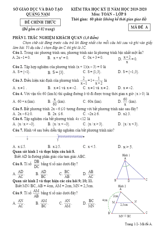Đề thi học kỳ 2 Toán 8 năm học 2019 – 2020 sở GD&ĐT Quảng Nam