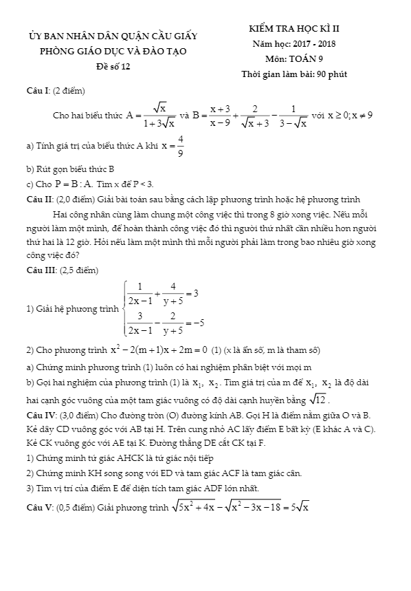Đề thi học kỳ 2 Toán 9 năm 2017 – 2018 phòng GD và ĐT Cầu Giấy – Hà Nội