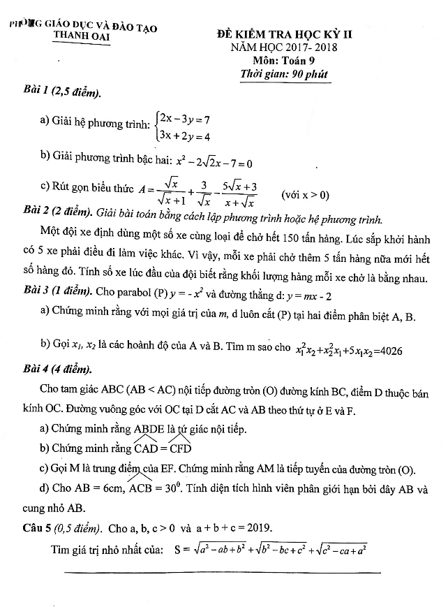 Đề thi học kỳ 2 Toán 9 năm 2017 – 2018 phòng GD và ĐT Thanh Oai – Hà Nội