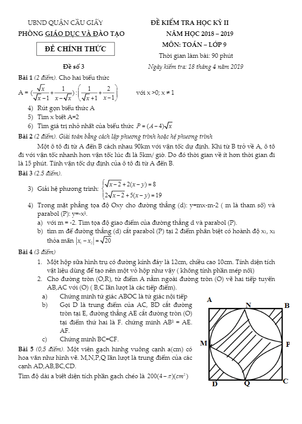 Đề thi học kỳ 2 Toán 9 năm 2018 – 2019 phòng GD&ĐT Cầu Giấy – Hà Nội